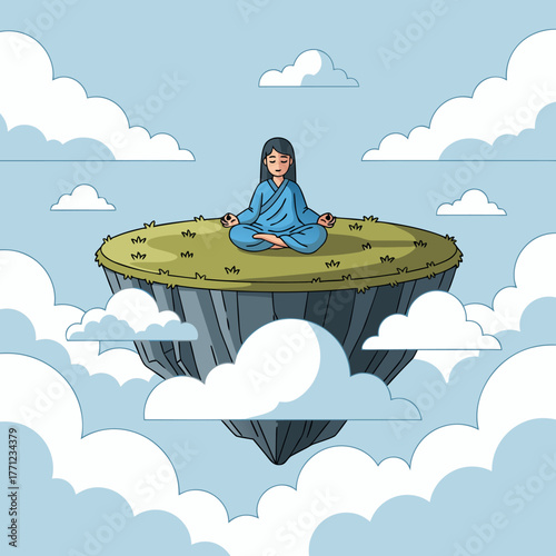 Woman meditating peacefully on floating island amidst clouds