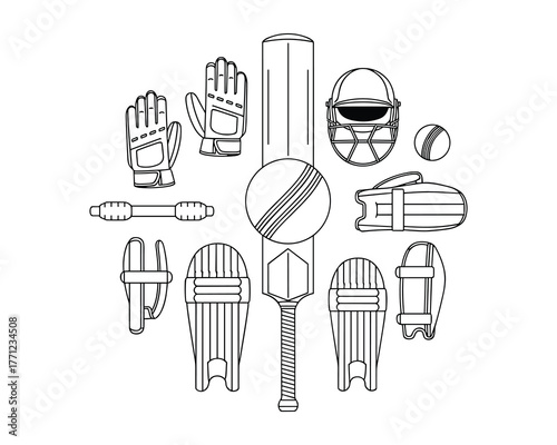 Cricket Sports Equipment Outline Vector Design for Team Activities
