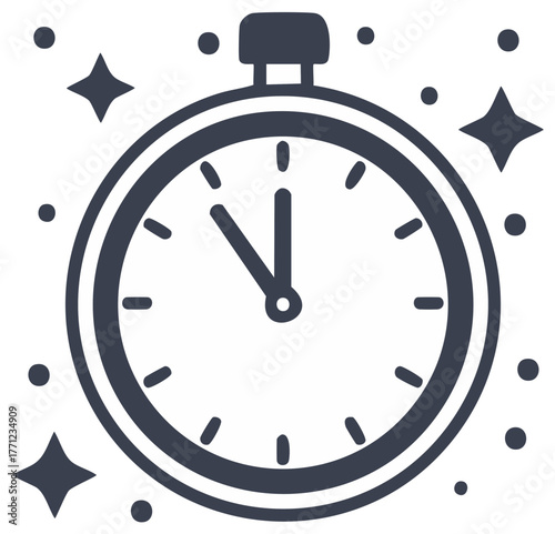 Countdown clock showing almost midnight with glittering stars vector icon illustration for celebration