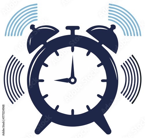 Loud ringing classic twin bell alarm clock icon with sound waves for a wake up call