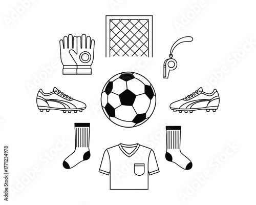 Soccer Gear Collection Vector Illustration: Ball, Cleats, Goal, Gloves, Shirt