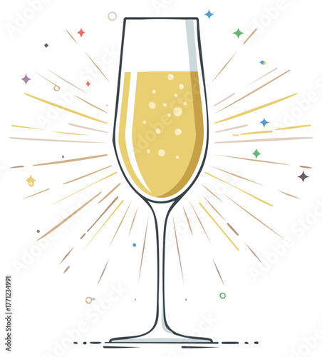 Champagne Glass Festive Illustration with Sparkles and Bubbles Holiday Toast