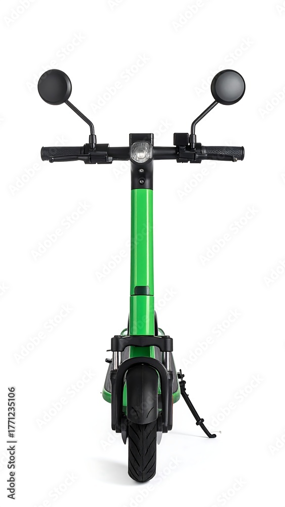 Fototapeta premium Front view of a green electric scooter, mirrors, and black accents