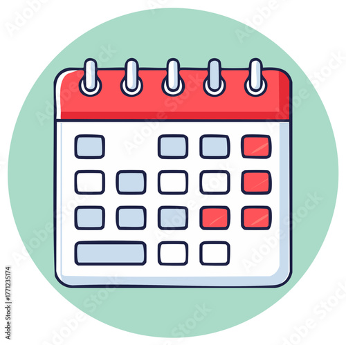 Colorful cartoon calendar icon with marked dates for scheduling events and deadlines