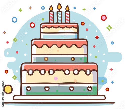 Colorful, three-tiered birthday cake with lit candles and decorative elements.