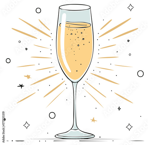 Champagne Flute with Bubbles and Sparkles Celebration Toast Cocktail Festive Drink