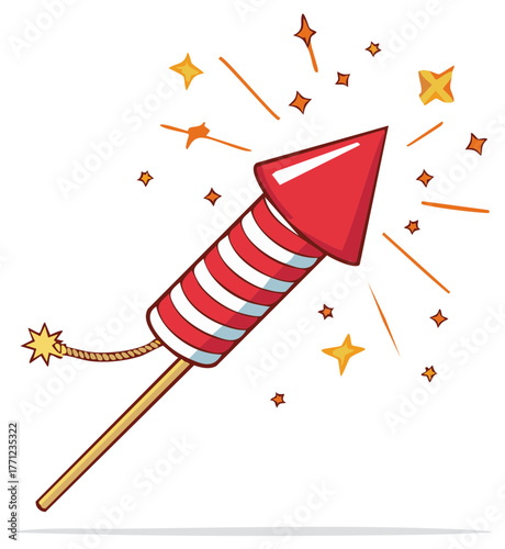 Cartoon rocket launching into the sky with stars and bursts, New Year or July 4th concept.