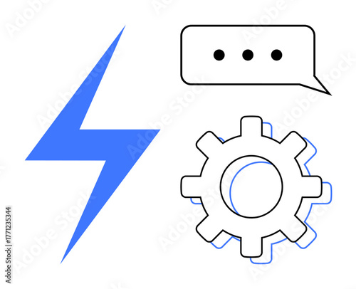 Blue lightning bolt, cogwheel, and speech bubble with dots. Ideal for energy, automation, teamwork, innovation, problem-solving creativity communication. Simple flat metaphor