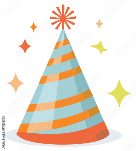 Festive Blue and Orange Striped Party Hat with Stars Vector Illustration