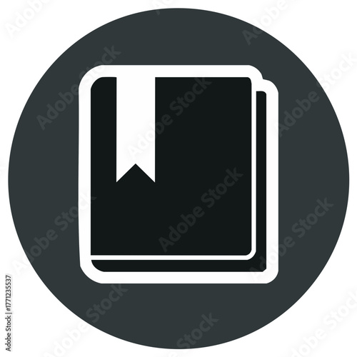 Simple book with bookmark icon vector graphic for web and mobile apps on a dark round button