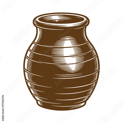 Classic brown ceramic jar illustration depicting handmade pottery in vintage art style
