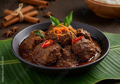 Close-up shot of a dark bowl filled with delicious, rich rendang, garnished with herbs.