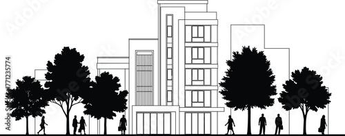 Black and white architectural elevation of modern urban streetscape—multi-story buildings, trees, pedestrians—city design, commercial zone, human-scale illustration