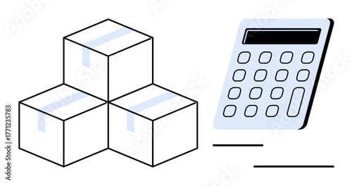 Stacked boxes next to a calculator conveying logistics, financial planning, inventory, shipping, and e-commerce. Ideal for accounting, operations, delivery, calculation themes simple flat metaphor