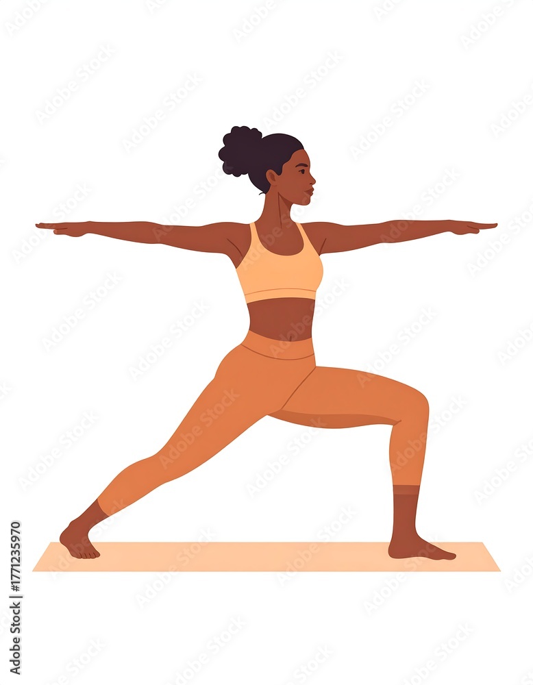 Fototapeta premium Illustrated woman in yoga pose on a mat, arms outstretched