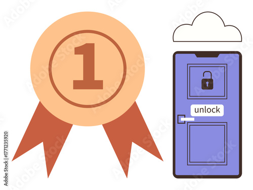 Golden first-place award ribbon next to a locked purple door labeled unlock. Ideal for success, opportunity, recognition, leadership, achievement, access, potential. Simple flat metaphor