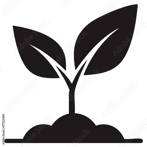 Black Silhouette Icon of Young Plant Sprout Growing from Soil Symbolizing Nature New Life