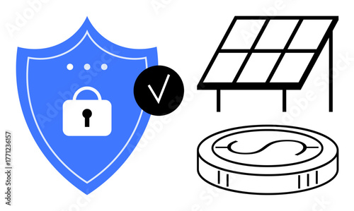 Blue shield with padlock, checkmark, solar panel, and coin symbolizing secure, eco-conscious tech and blockchain. Ideal for sustainability, technology, security, innovation finance energy