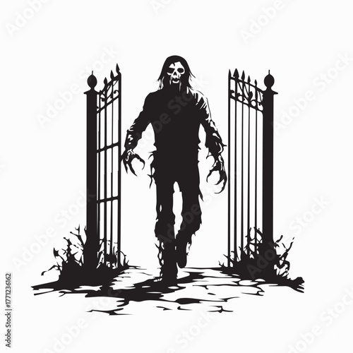 Creepy Zombie Coming Out from Cemetery Gate Vector Design