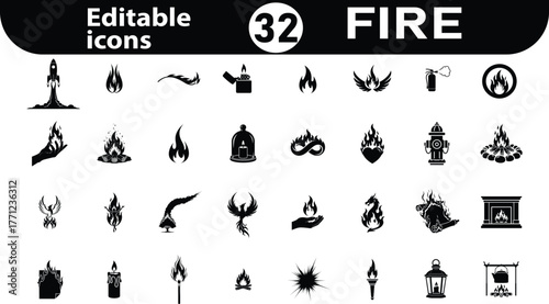 Collection of  editable fire and flame icons representing various sources and concepts of heat and ignition