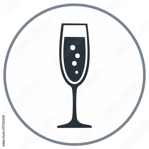Minimalist champagne flute icon with sparkling bubbles inside a sleek circular border graphic
