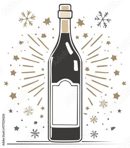 Festive Wine Bottle Illustration with Stars and Snowflakes for Celebratory Occasions