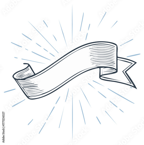 Retro Ribbon Banner with Sunburst Rays Hand Drawn Style