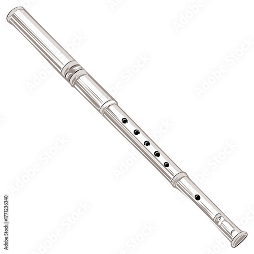 Silver flute illustration, musical instrument vector design