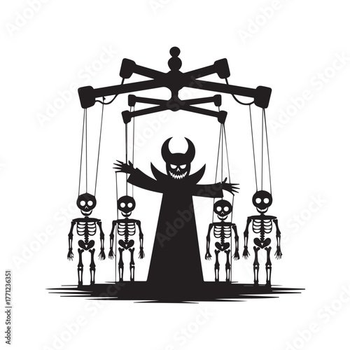 A devil controls skeleton puppets with strings, a spooky and dark halloween illustration of control and manipulation
