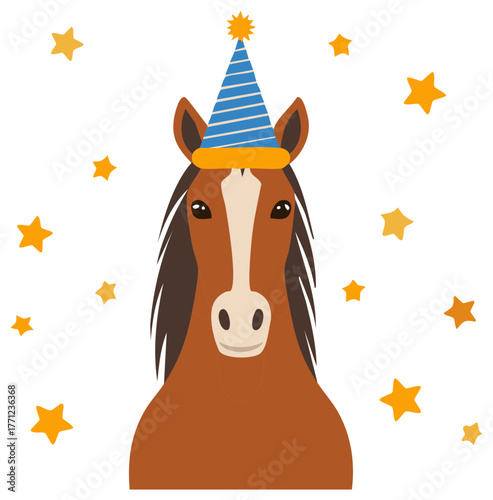 Festive brown horse wearing a striped birthday hat surrounded by small gold stars, celebrating and having fun