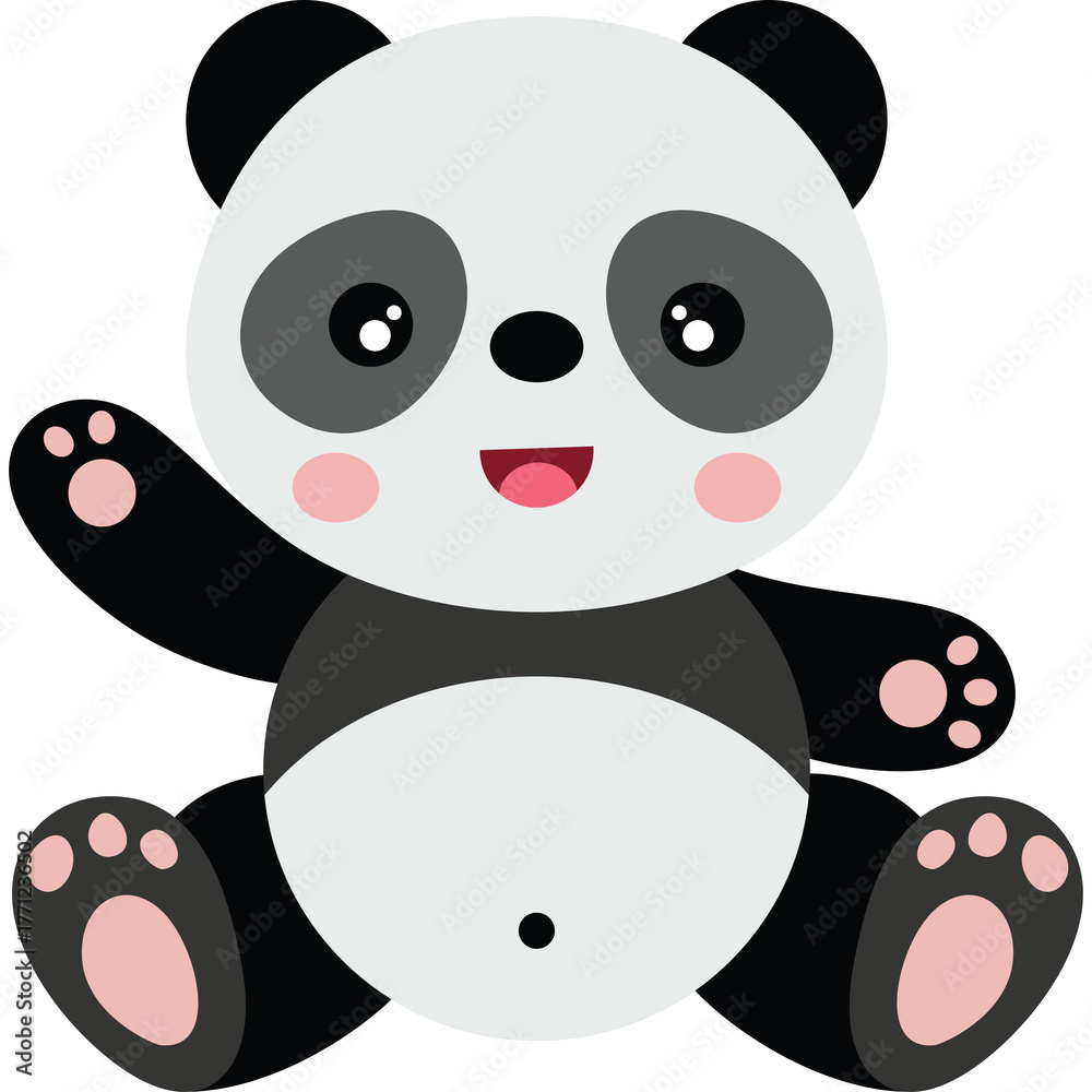 Fototapeta premium Cute Cartoon Panda Waving Its Paw Sitting On Transparent Background Adorable Mammal Character With Black And White Fur And Pink Cheeks