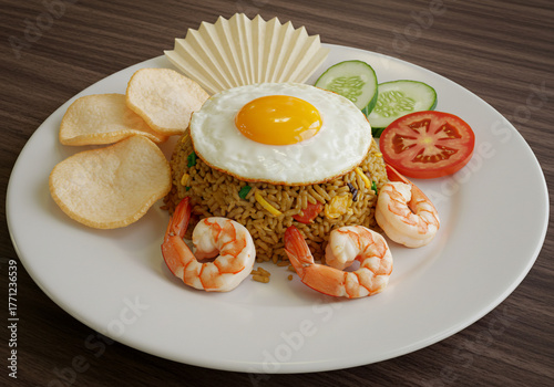 A beautifully presented plate of Indonesian fried rice, topped with a fried egg and shrimp.
