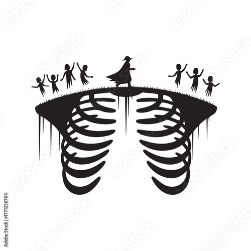 A grim reaper stands on a ribcage island with children dancing around him, a spooky and dark illustration