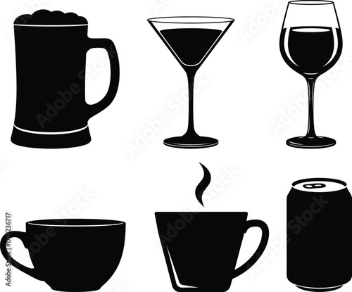 Collection of black silhouette icons representing various beverages including beer mug martini glass wine glass coffee cups and soda can