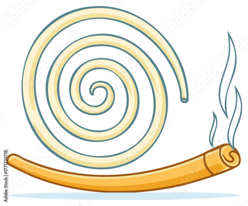 Mosquito coil illustration, spiral insect repellent, burning fumigation, cartoon vector