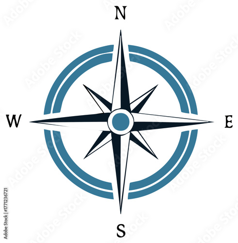 Compass Rose Pointing North East West South with Circle for Travel Orientation