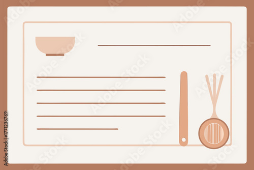 Soft peach-toned kitchen board features a bowl icon, lines of text, and dainty utensils like spoon and whisk, suggesting cooking, recipe creation, and cozy home dining moments.
