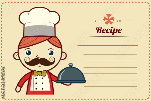 Smiling cartoon chef character with white hat and yellow bow tie presents recipe card insert and covered dish. Ideal for cooking, kitchen, family meals, food design, and restaurant graphics.