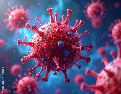 Microscopic view of a spherical red virus with spiky protein protrusions