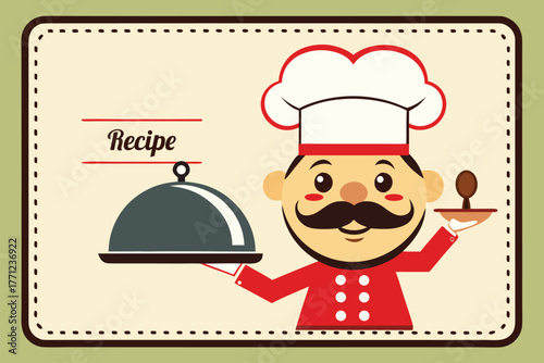 Playful illustration of a friendly chef in a red uniform and hat, presenting a cloche and tray. Warm, vintage card style evokes hospitality, cooking, and family-friendly dining.