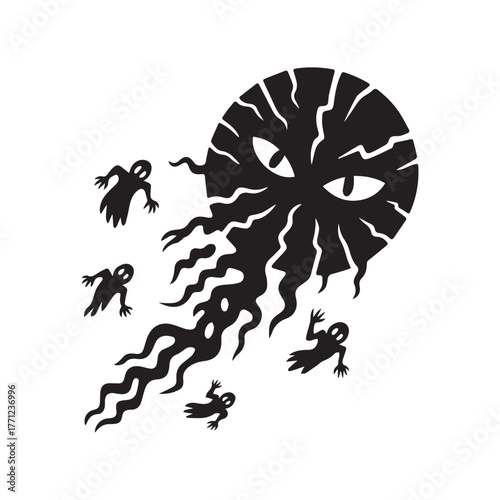 A spooky black and white illustration of a scary sun with ghosts flying around it