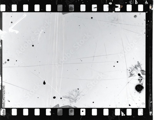 Aged, scratched film strip; faded gray, imperfections and sprocket holes