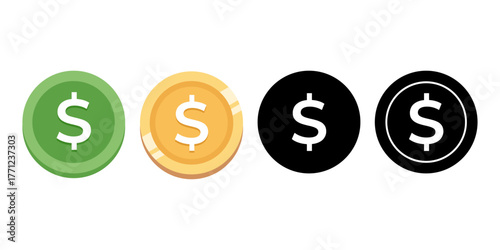 Set of dollar coin vector icons. Collection of United States currency symbols. Create black and white icons.