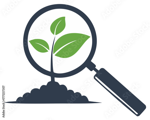 Magnifying glass examining a plant growth logo concept illustration