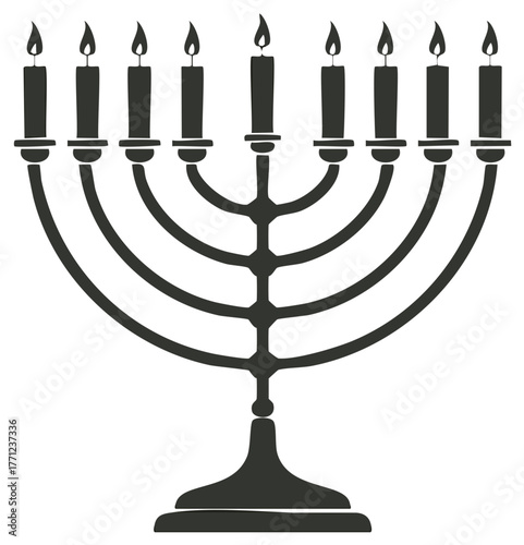 Hanukkah menorah silhouette with nine lit candles for the Jewish Festival of Lights holiday