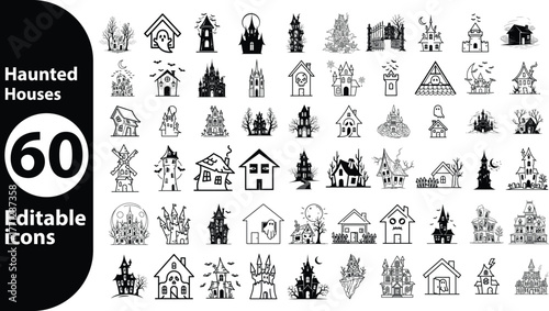 Collection of  editable hand drawn icons of various haunted houses and spooky buildings for halloween