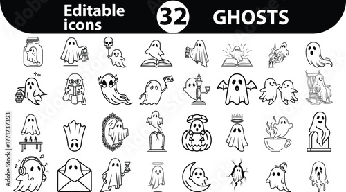 Collection of  hand drawn editable ghost icons for halloween and spooky themes