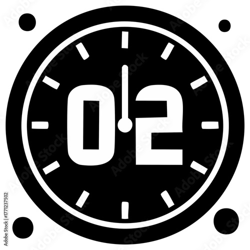 Round clock face shows the time 02 with minute markers and four corner dots