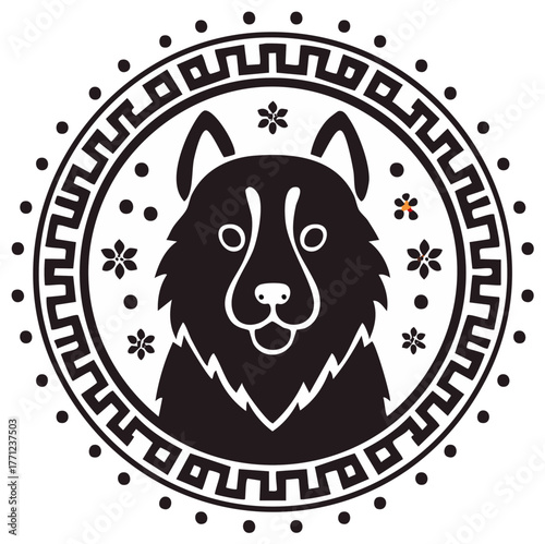 Geometric husky dog portrait in a decorative circular frame with Greek key pattern and floral accents