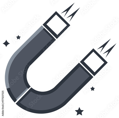 U shaped horseshoe magnet icon showing attraction pull and magnetic power with energy sparks